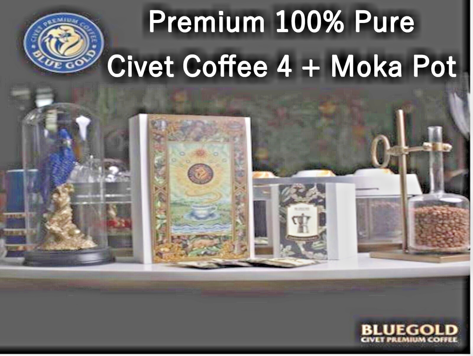 Premium 100% Pure Civet Coffee Robusta Roasted and Ground Size 8 g.x 4 Pcs + Pot