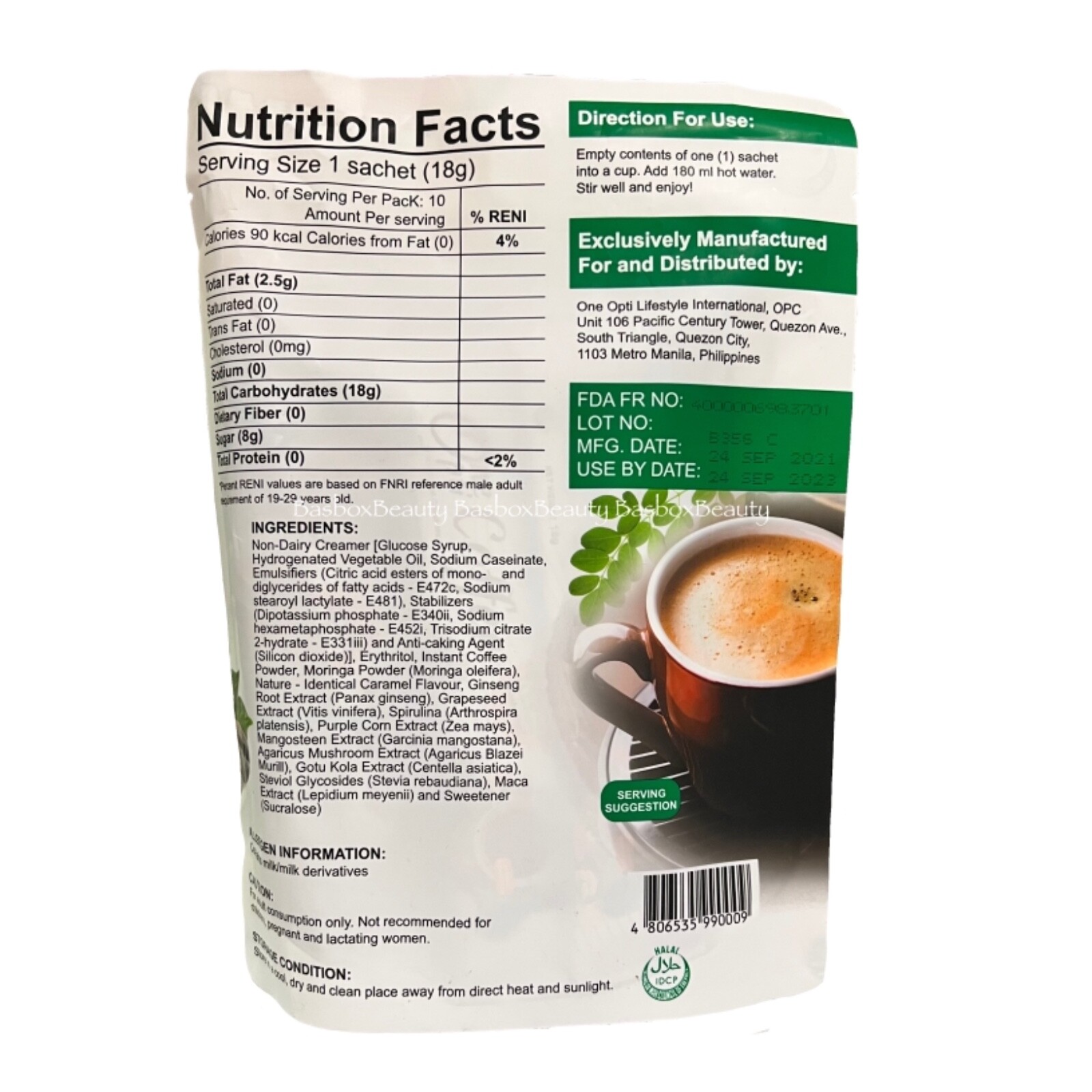 1 Box of 10 Sachets ONE OPTI SUPER COFFEE 12in1 Organic Coffee, Energy Booster