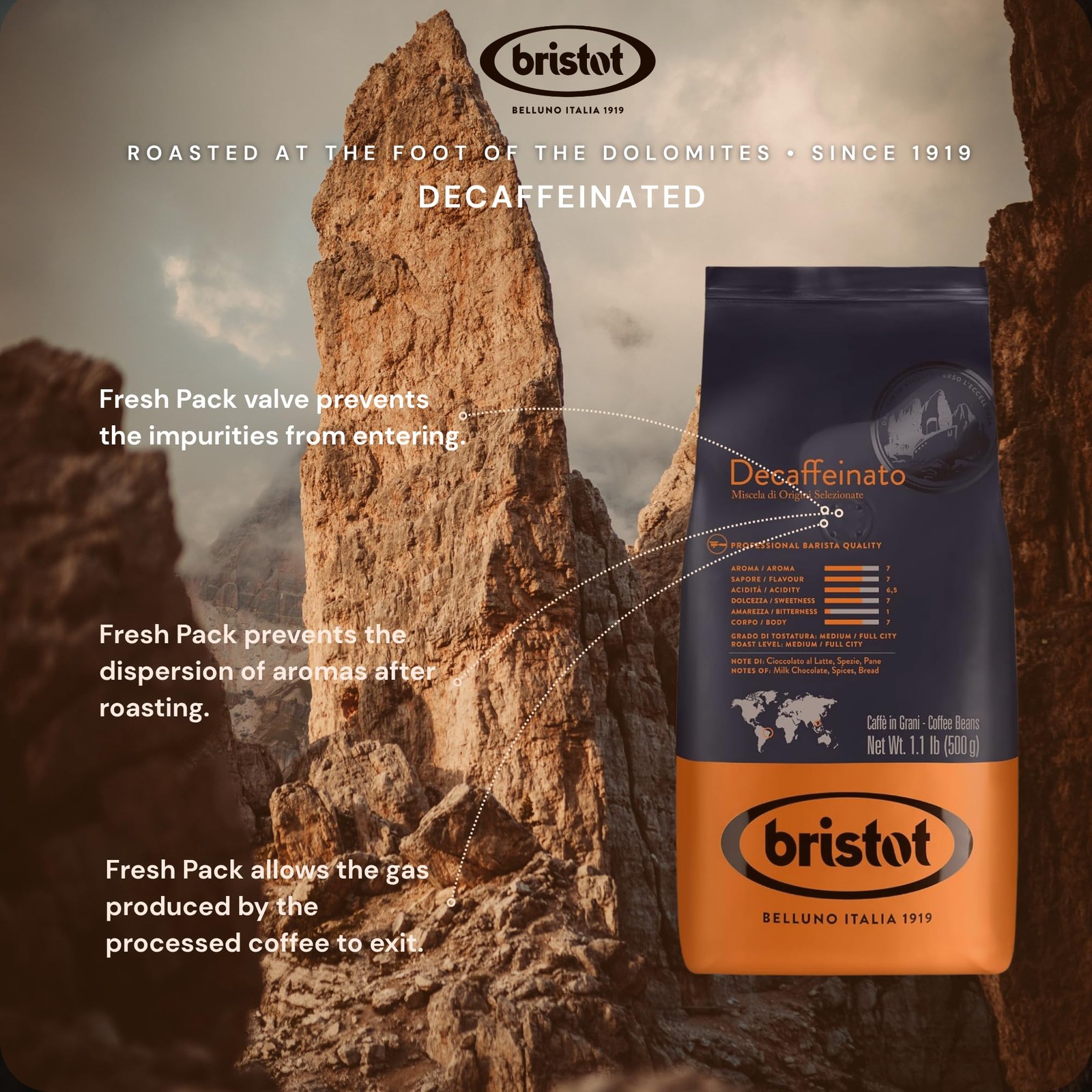 Decaf Italian Coffee Beans Medium Roast Whole Espresso Smooth 1.1 Lb 500g Bag