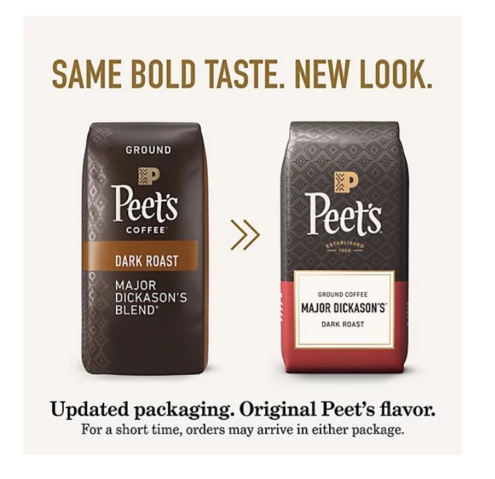 2 Packs Peet’s Coffee Major Dickason’s Blend Deep Roast, Whole Bean, 32 oz. each