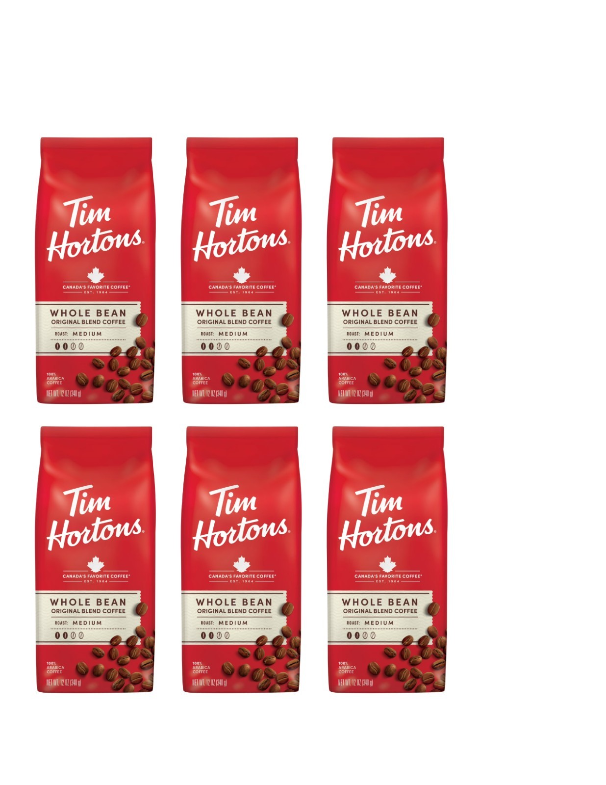 6 PACK Tim Hortons Whole Bean Original Blend Ground Coffee 100% Arabica 12oz