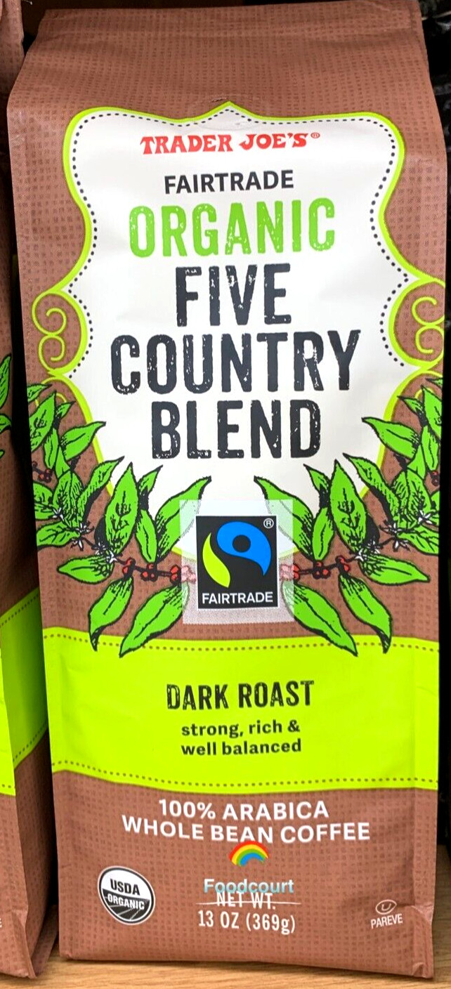 2 x Trader Joe’s Organic Fair Trade Five Country Whole Blend Coffee 13 oz Each
