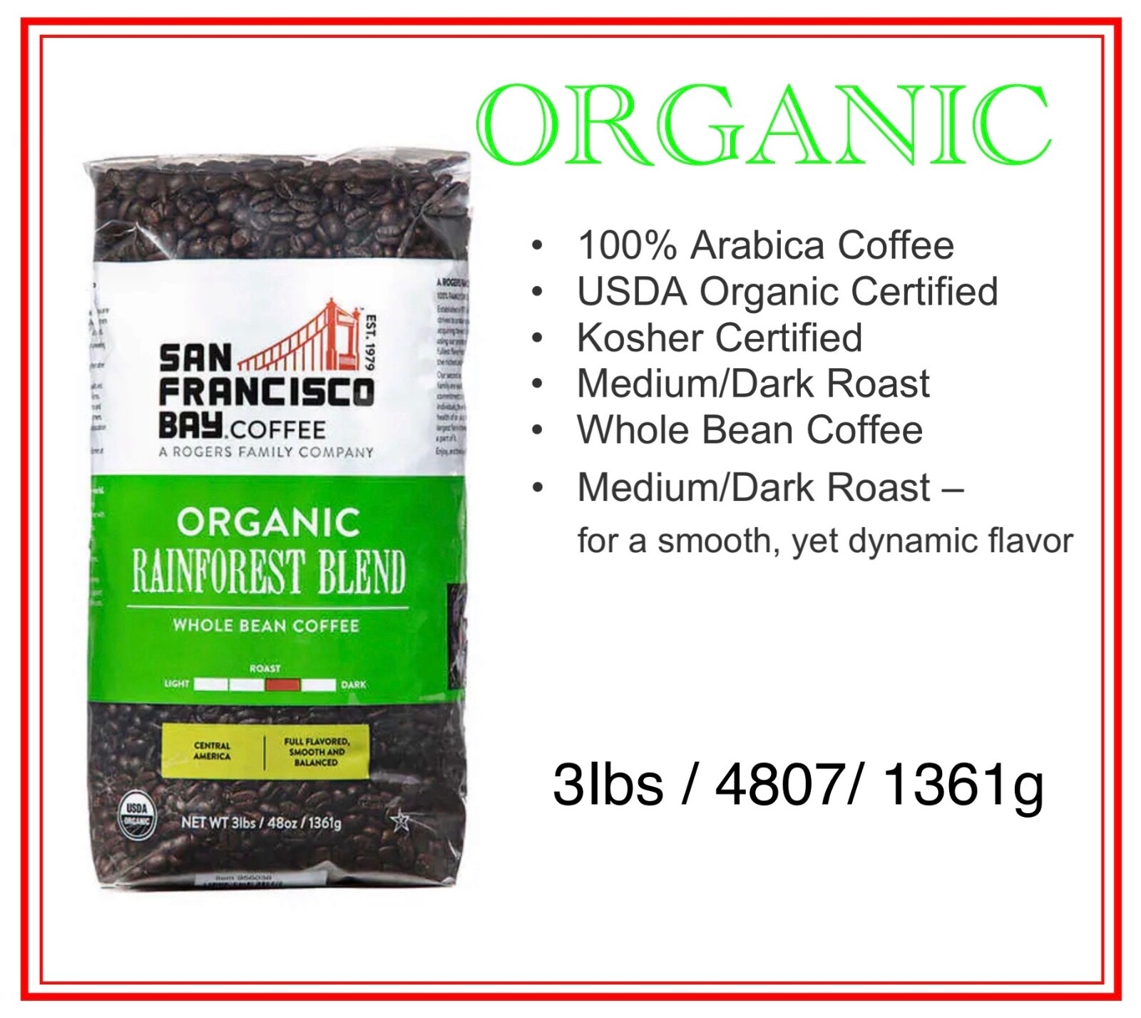 3 lbs, San Francisco Bay Organic Rainforest Blend Whole Bean Coffee, ( 1361 g )