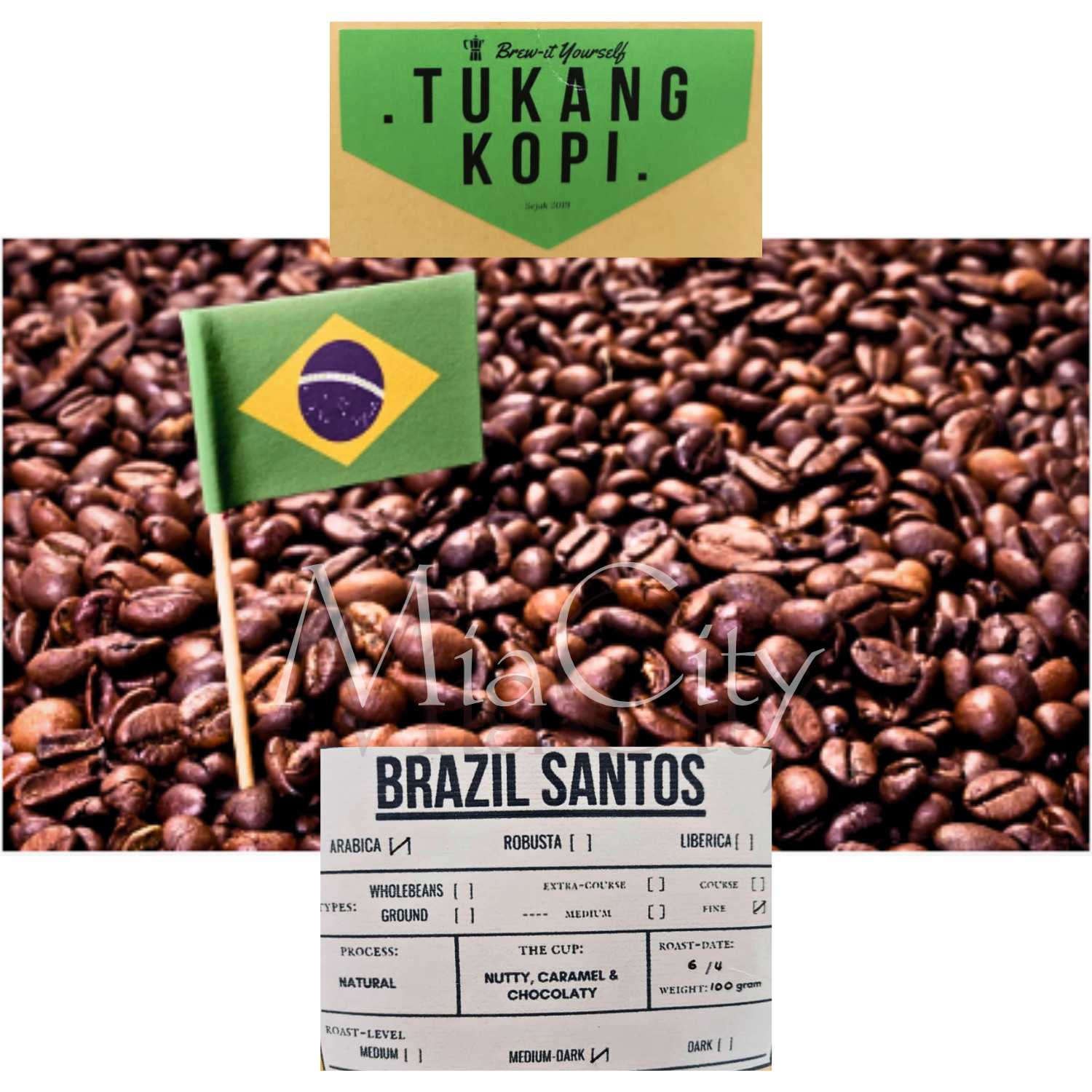 Coffee Brazil Santos Arabica,Fine, Natural Process,Fresh Roast,Medium Dark 100 g