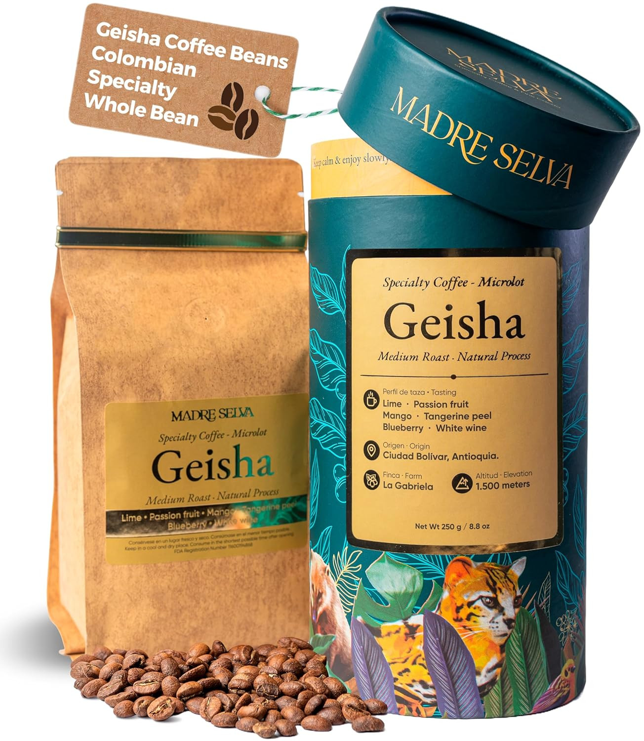 Colombian Geisha Coffee Whole Bean Medium Roast Arabica Gourmet Fresh Single Ori