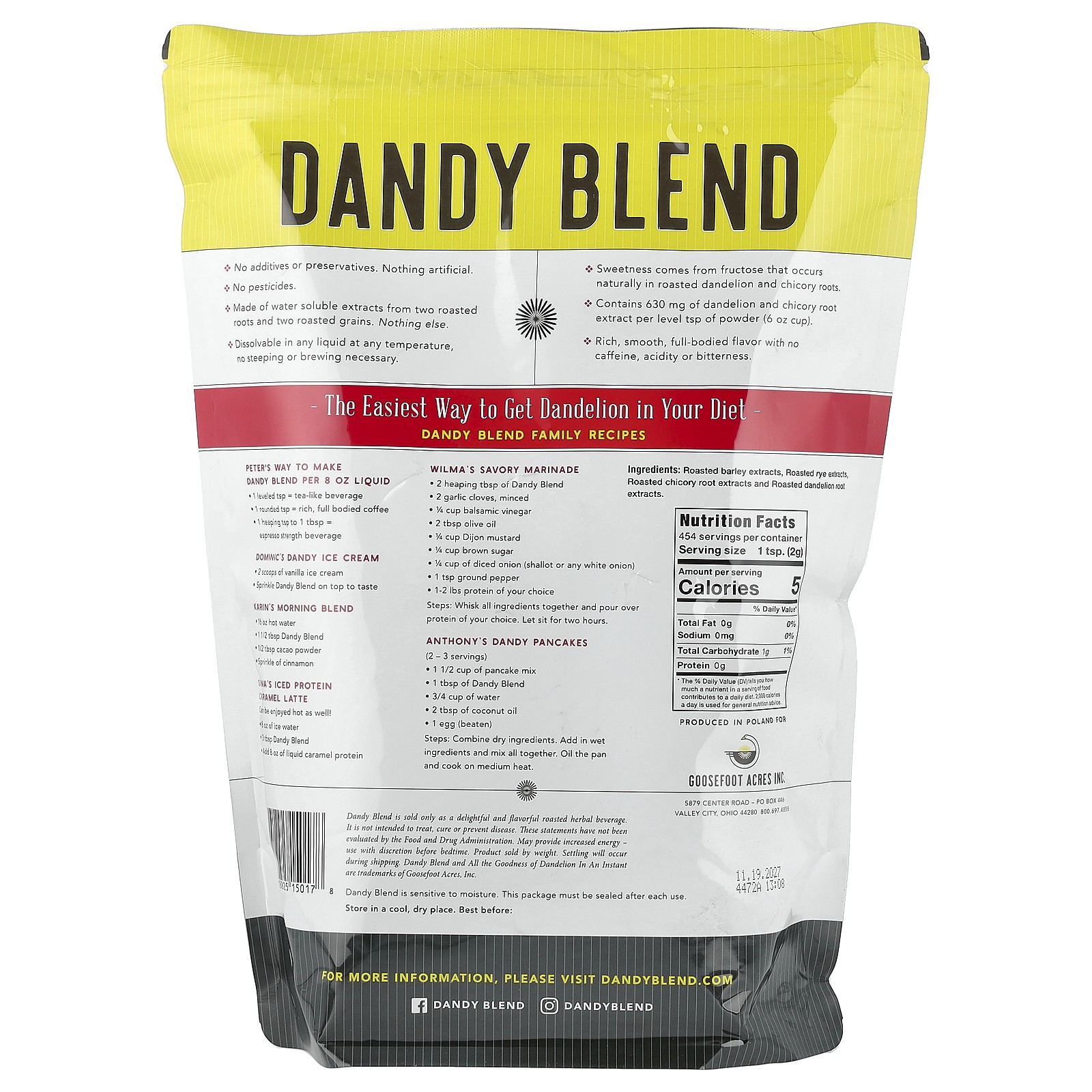 Instant Herbal Beverage with Dandelion, Dandy Blend, Caffeine Free, 2 lbs (908