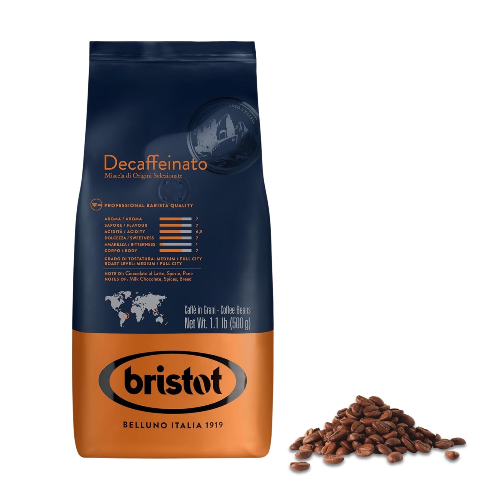 Decaf Italian Coffee Beans Medium Roast Whole Espresso Smooth 1.1 Lb 500g Bag