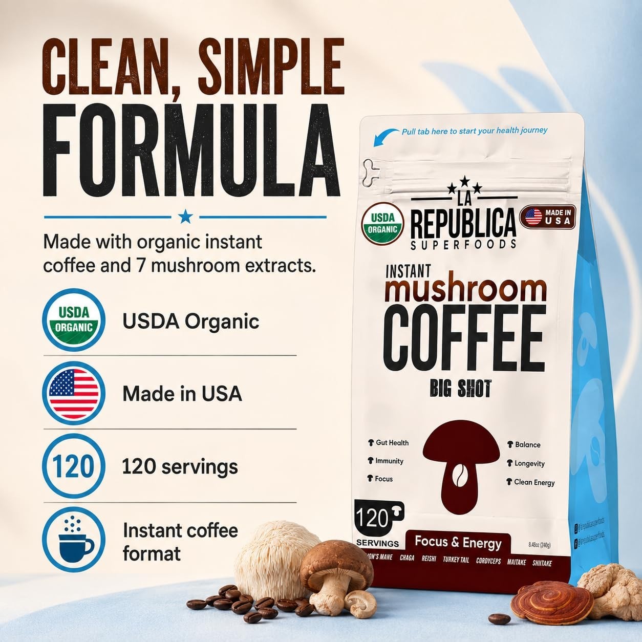 La Republica Organic Instant Mushroom Coffee, 120 Servings