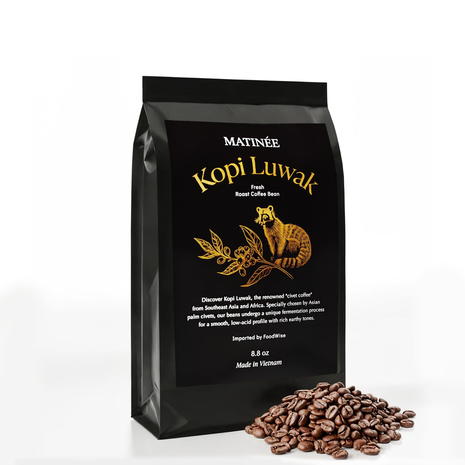 Sustainable Wild Kopi Luwak Coffee Beans, Medium Roast, 8.8oz / 250g