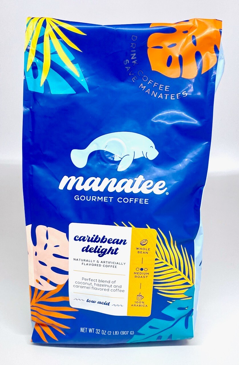 New Manatee Caribbean Delight Medium Roast Whole Bean Coffee 2 Pound Bag