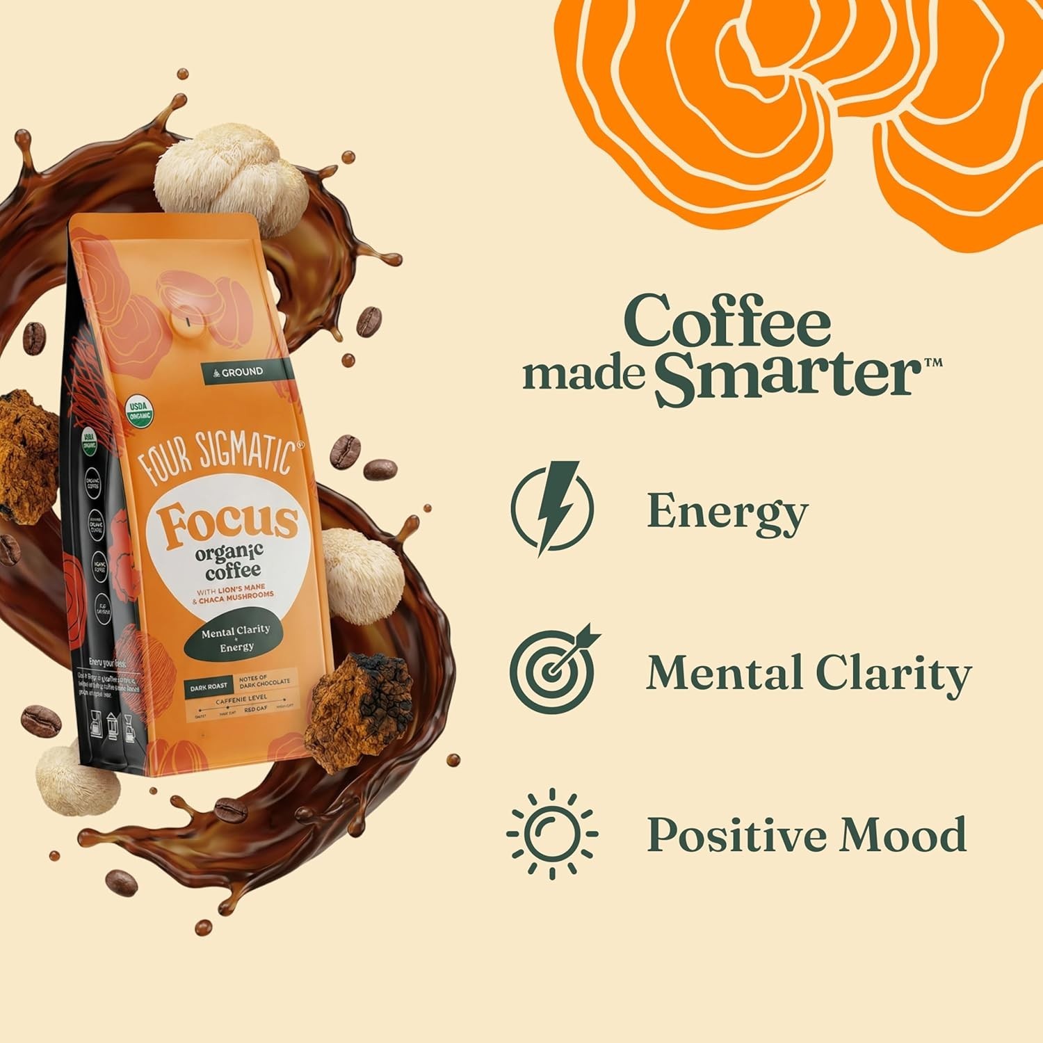 Organic Mushroom Coffee Dark Roast Lion’s Mane Chaga 12oz Ground