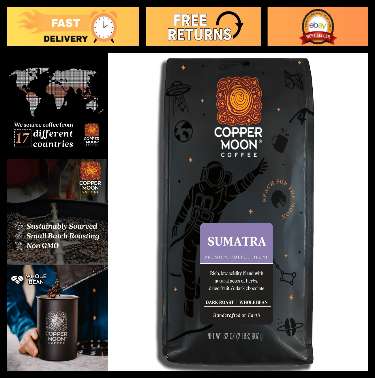 Dark Roast Whole Bean Coffee, Sumatra Blend, 2 lb Bag – Vegan, Non-GMO, Kosher