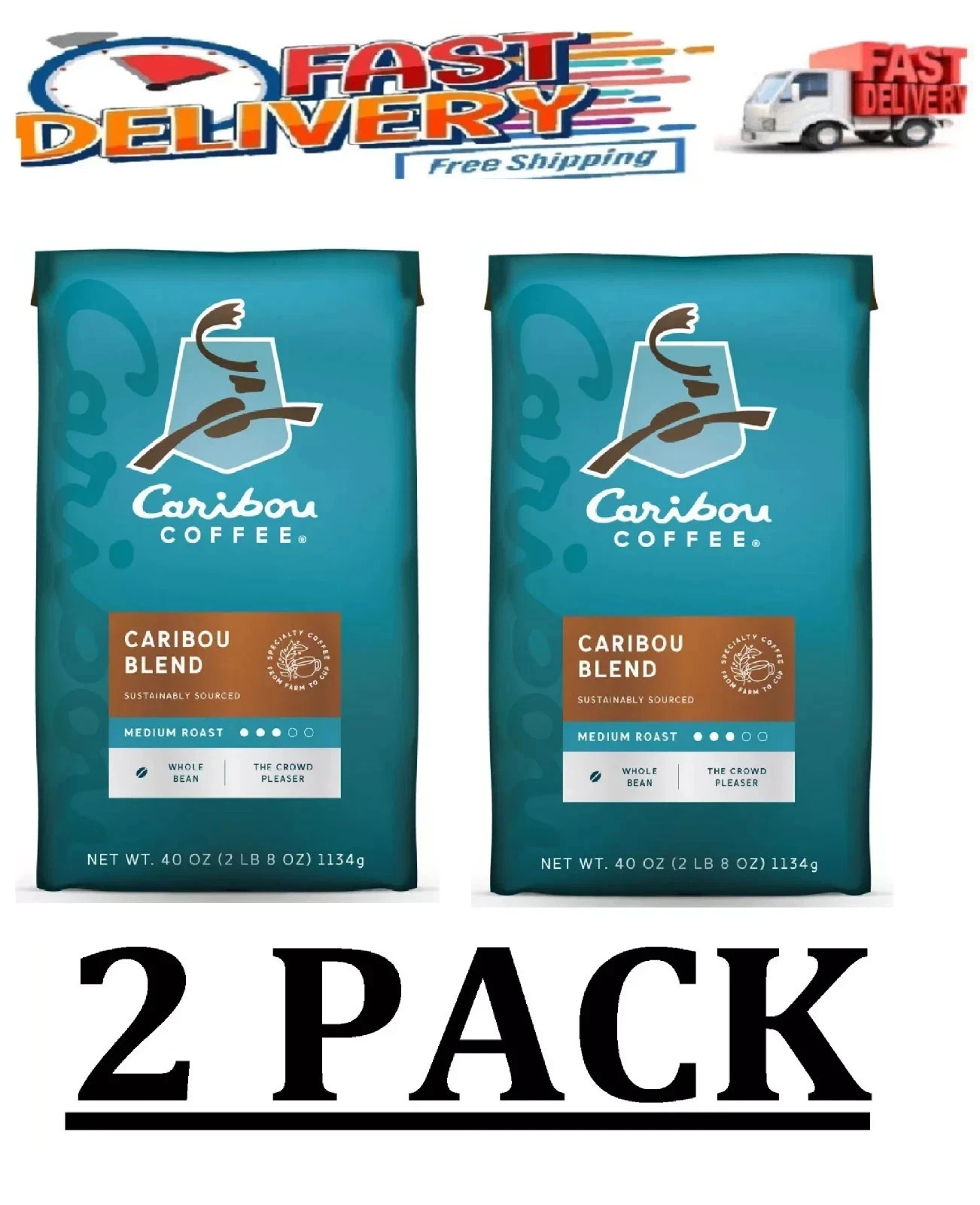 2 PACK – Caribou Blend Whole Bean Coffee 40 oz. Bag, Medium Roast – Total 80 Oz.