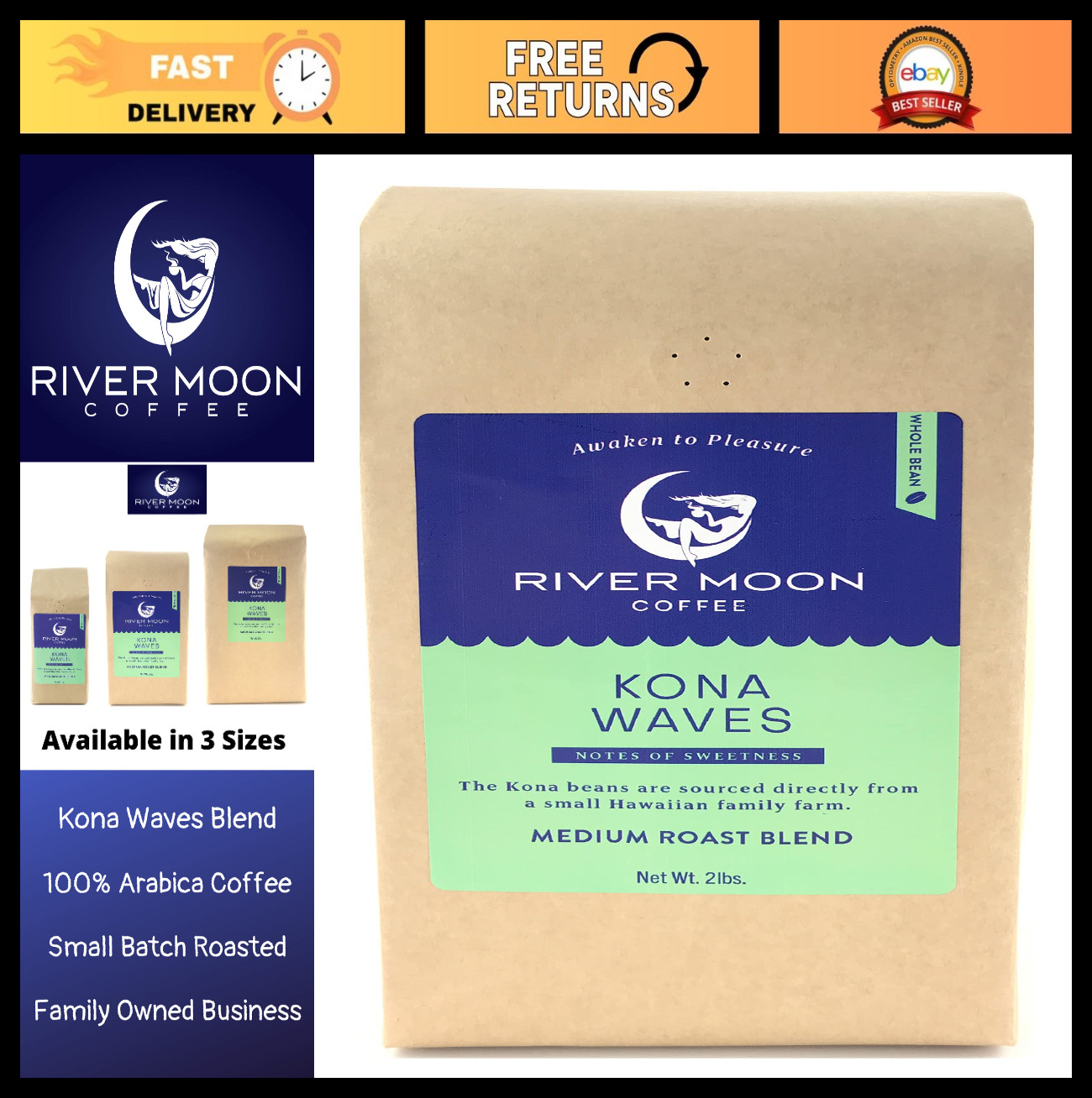 Kona Coffee Whole Bean – Medium Roast, 2 lbs Hawaiian Blend, 100% Arabica, Susta