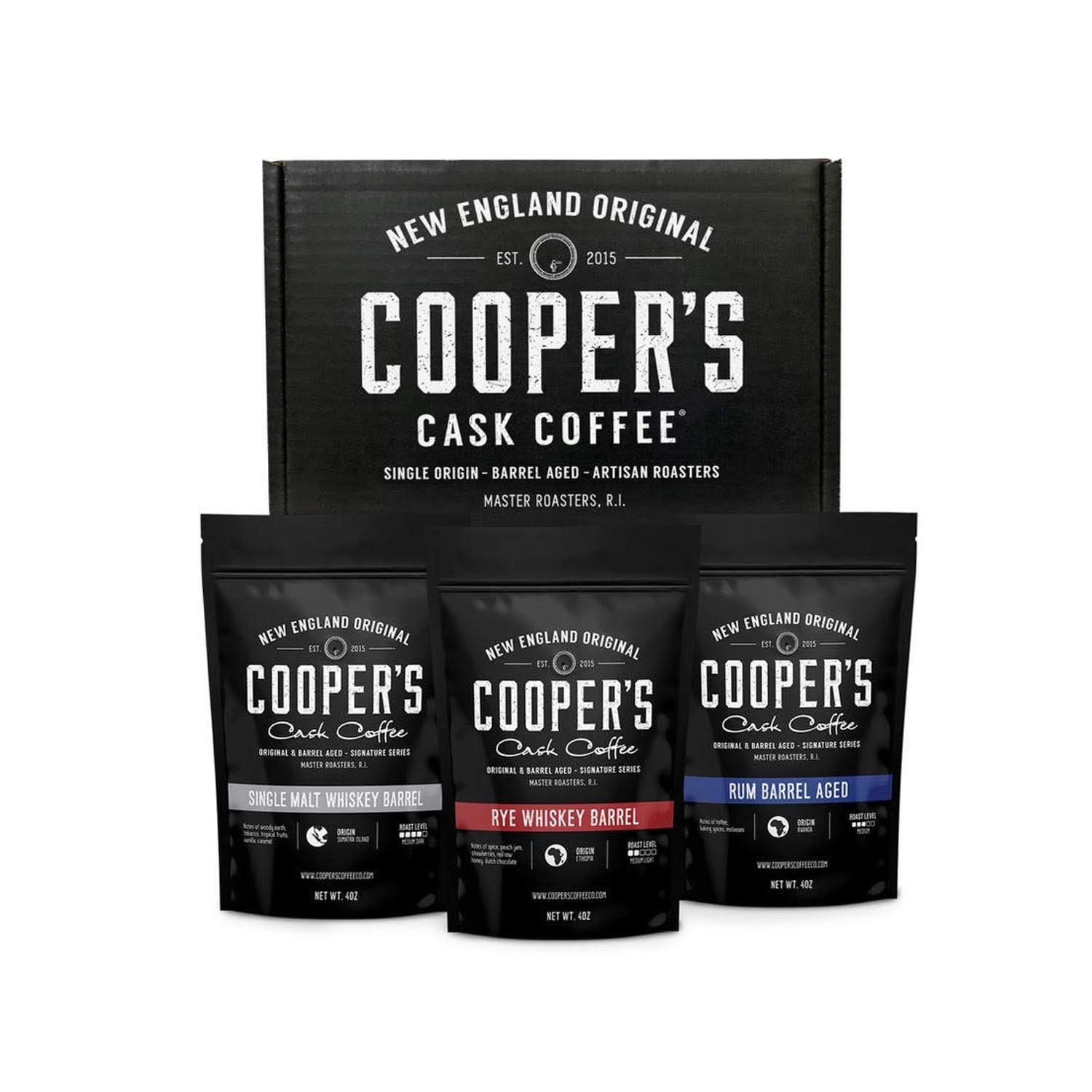 Bourbon Barrel Aged Coffee Ground Set Single Origin, 3 PCS 4 Ounce Pack Bag