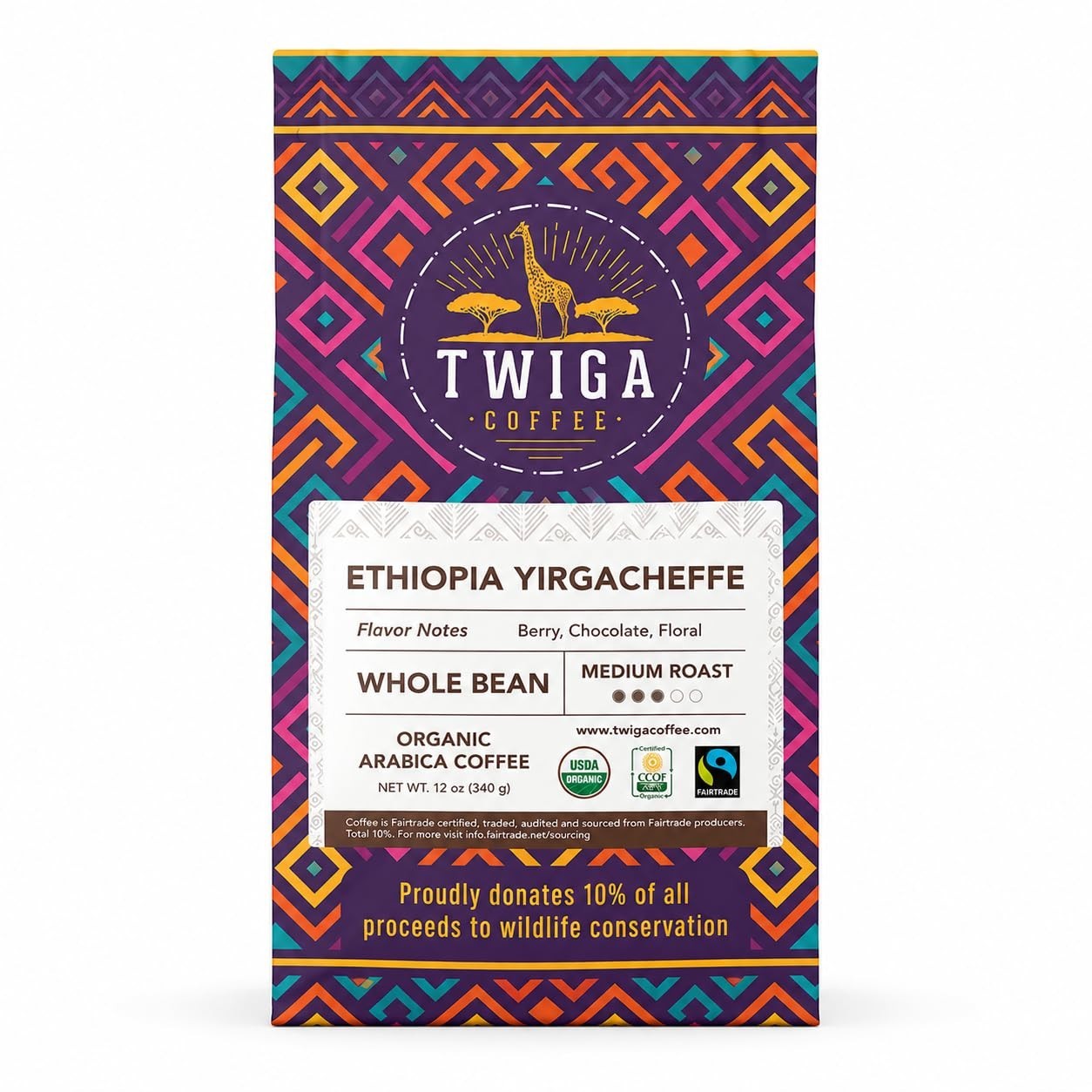 Twiga Ethiopia Yirgacheffe Whole Bean Coffee Organic Fairtrade 12 oz Medium