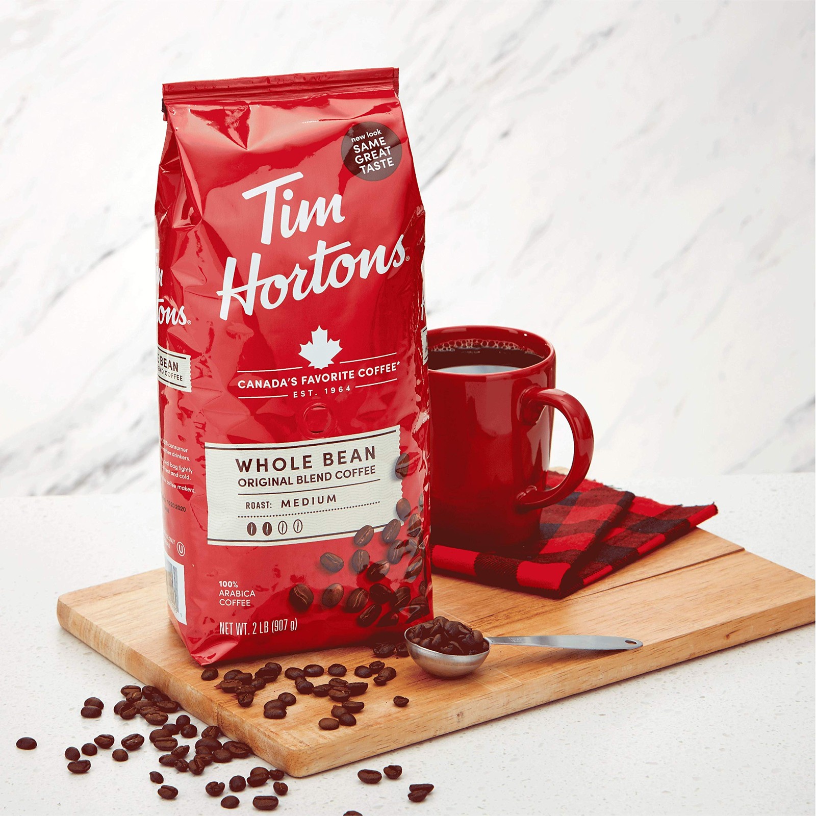 Tim Hortons Whole Bean Original, Medium Roast 32 Ounce (Pack of 1), Red