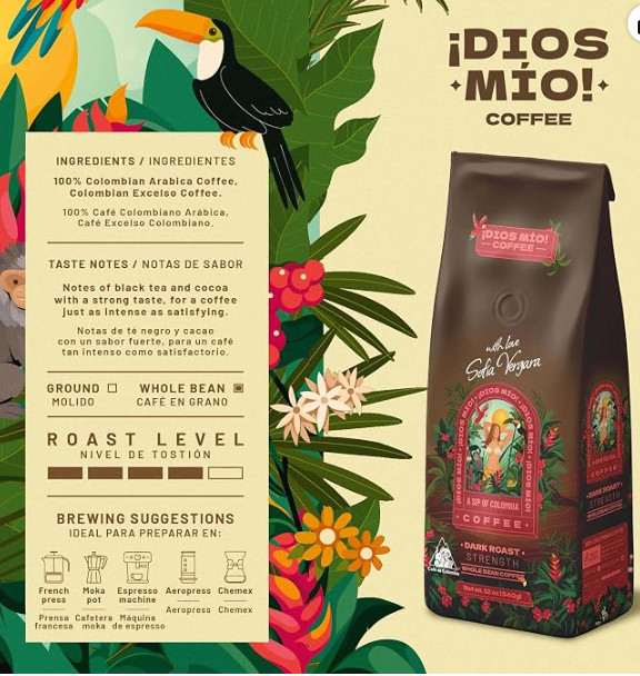 Dios Mio Coffee by Sofia Vergara, Dark Roast, Whole Bean Premium Colombian Coffe
