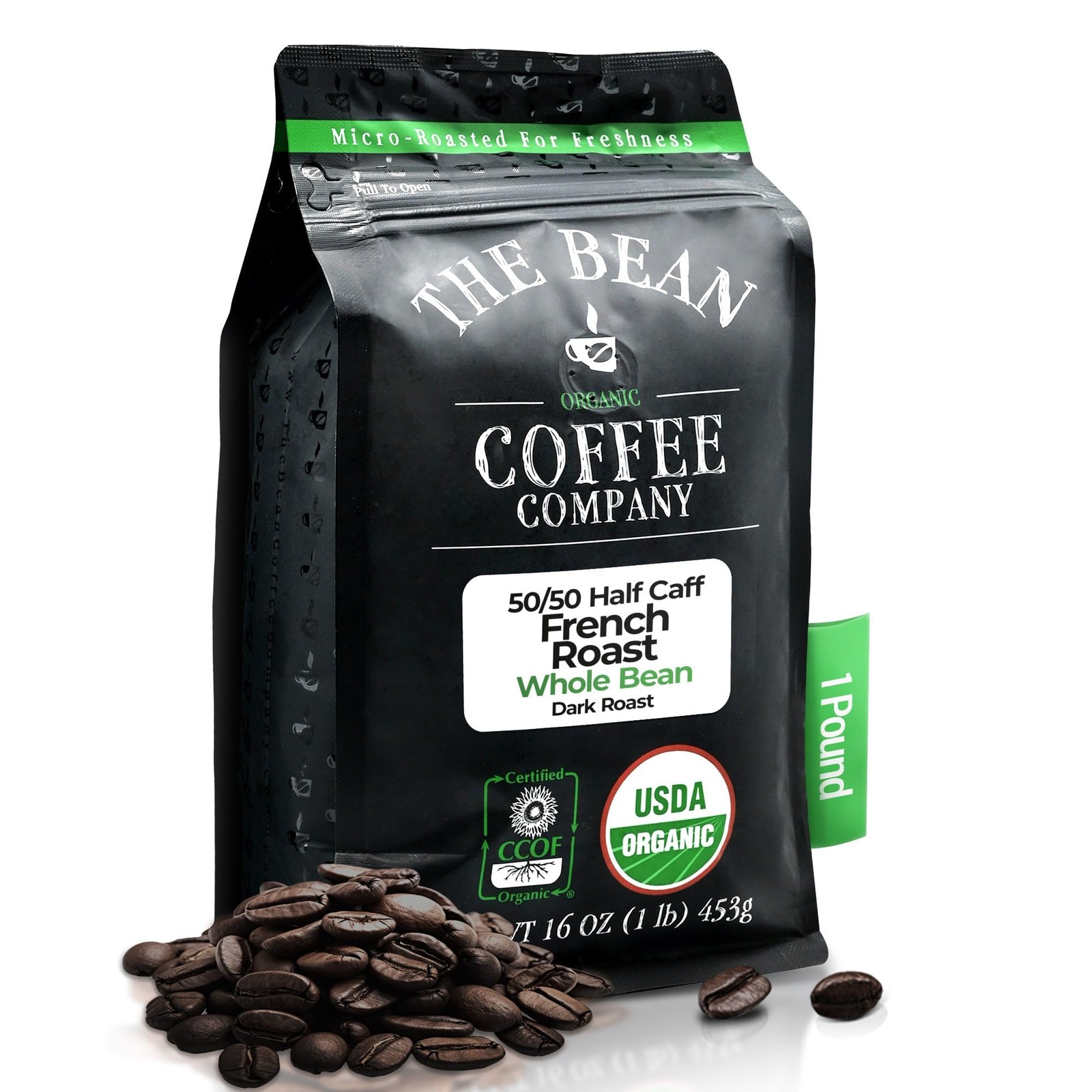 Organic Coffee Half-Caff 50/50 French Roast, Whole Bean, 16 Oz – Bold Flavor
