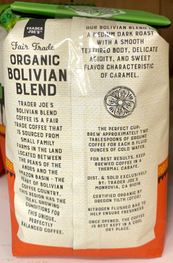 2 Packs Trader Joe’s Organic Fair Trade Bolivian Blend Bean Coffee 12 oz Each