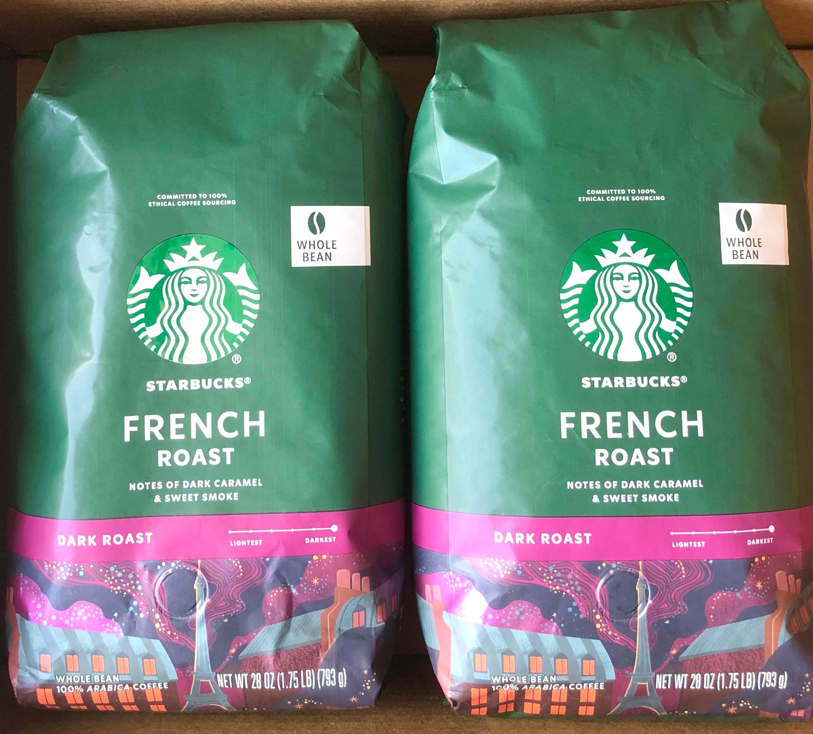 2 STARBUCKS French Roast DARK Roast Whole Bean, 100% Arabica Coffee 28oz Each