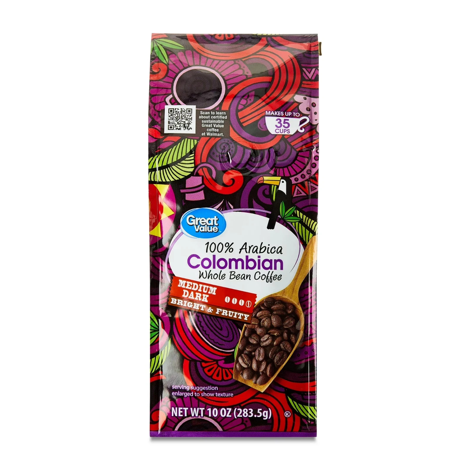 Great Value Colombian Whole Bean Coffee, Medium Dark Roast, 10 oz