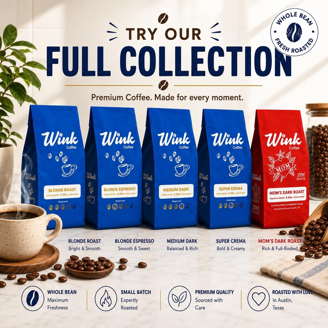 Light Roast Whole Bean Coffee, 2.2 lb, 100% Arabica, Gourmet Espresso, Smooth &