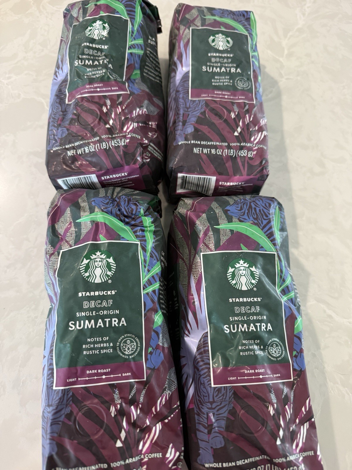4x 16oz Starbucks DECAF Sumatra Dark Rst Whole Bean Coffee Best By 05/26-1/5/26