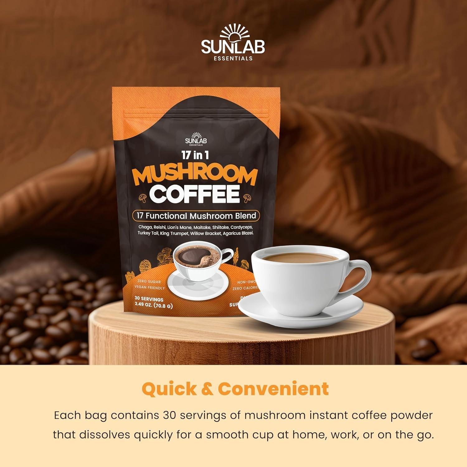 Organic Mushroom Coffee 17 Functional Mushroom Blend Instant Coffee 30 Servings