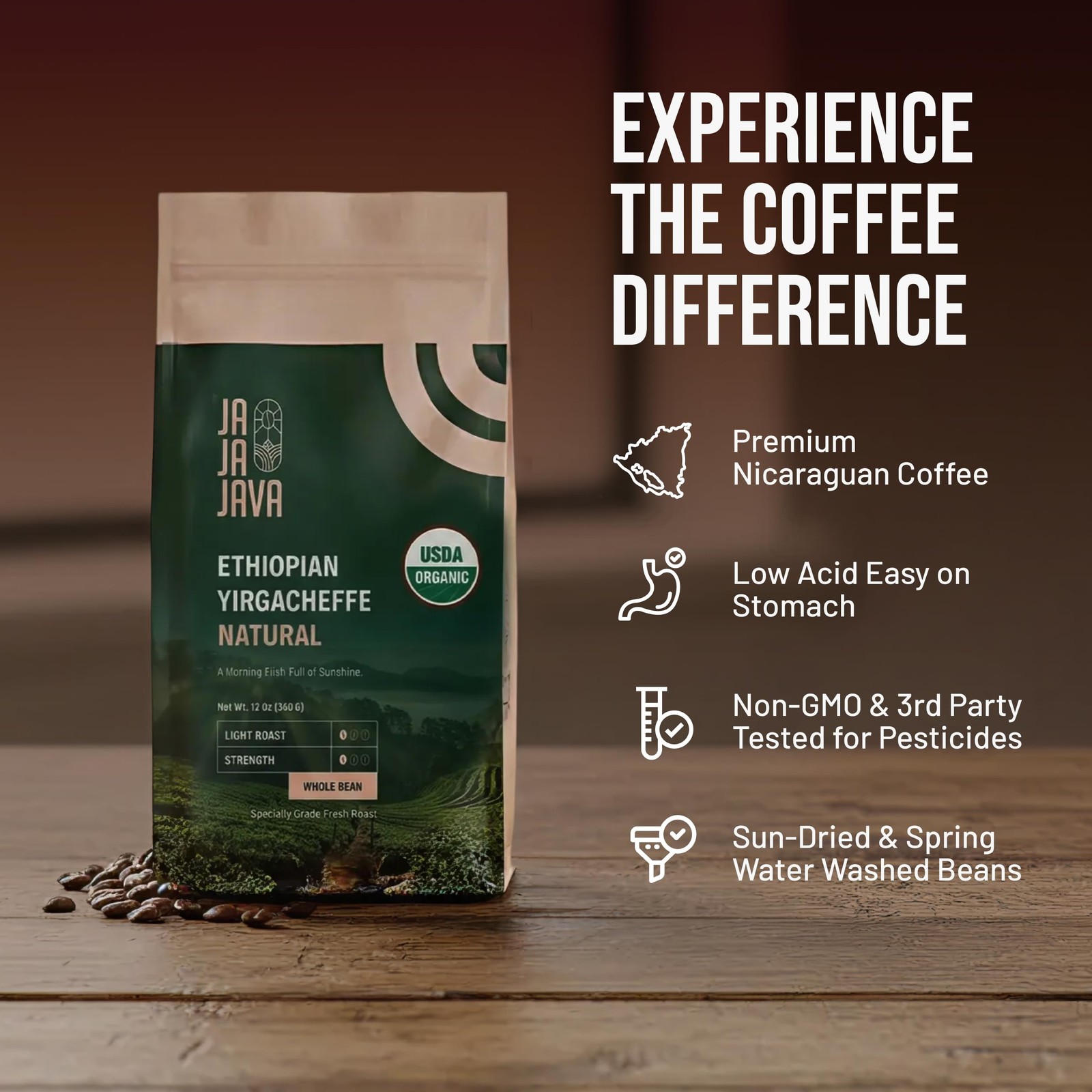 JaJa Java Ethiopian Yirgacheffe Natural Whole Bean Coffee, Light Roast, 12 Ou…