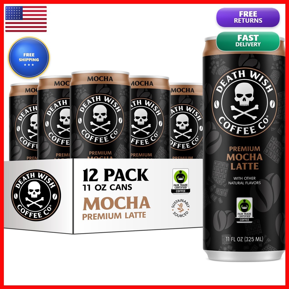 Death Wish Coffee Mocha Cold Brew Latte, Fair Trade, 12 Pack