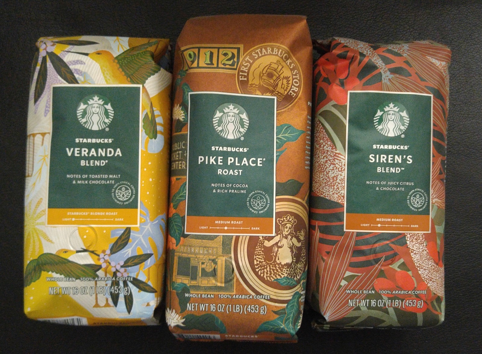 Starbucks Whole Bean Coffee Lot of 3 – Veranda, Pike Place, Siren’s Blend 1lb