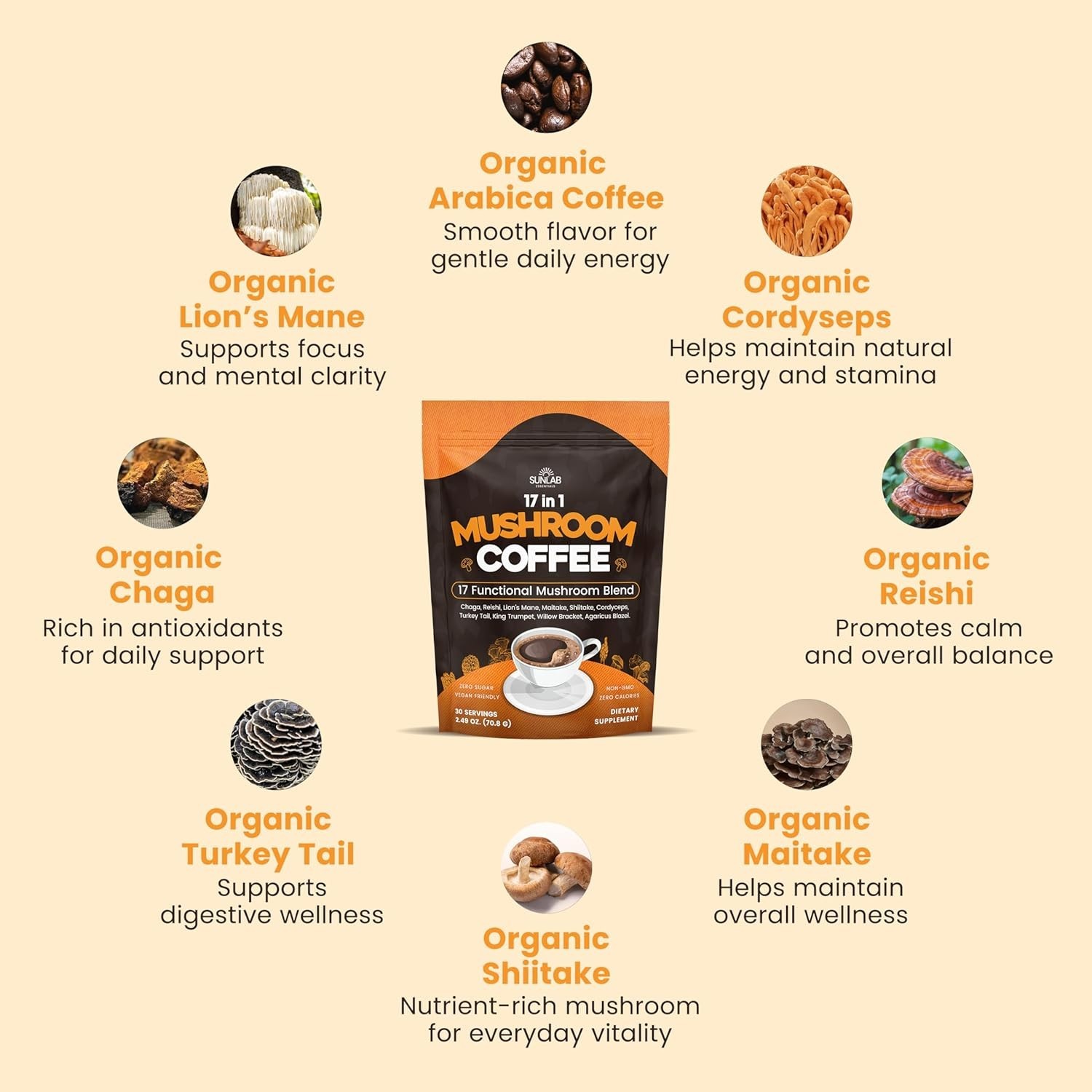 Organic Mushroom Coffee 17 Functional Mushroom Blend Instant Coffee 30 Servings