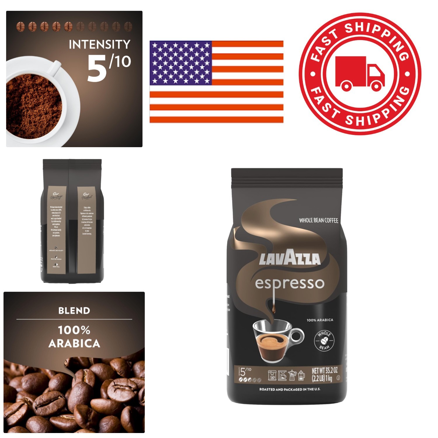 100 Percent Arabica Espresso Coffee Whole Beans 2.2 Pounds Medium Roast