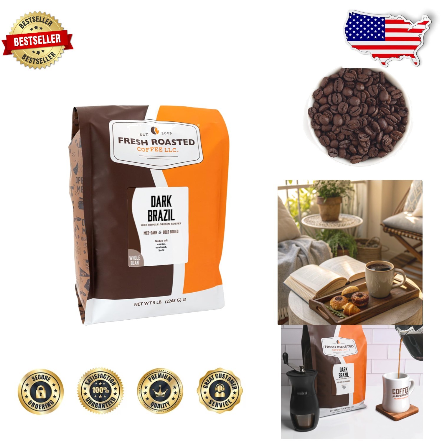 Whole Bean Coffee: 5lb Dark Brazil Med-Dark Roast, Kosher, Cerrado Arabica