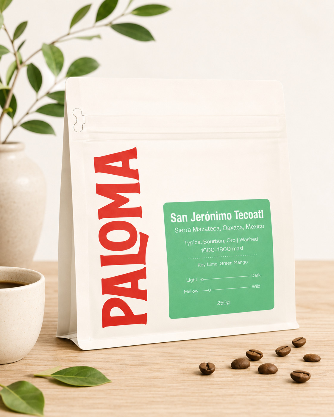Paloma San Jeronimo Tecoatl Coffee Mexico Light Roast Key Lime Mango 8 oz