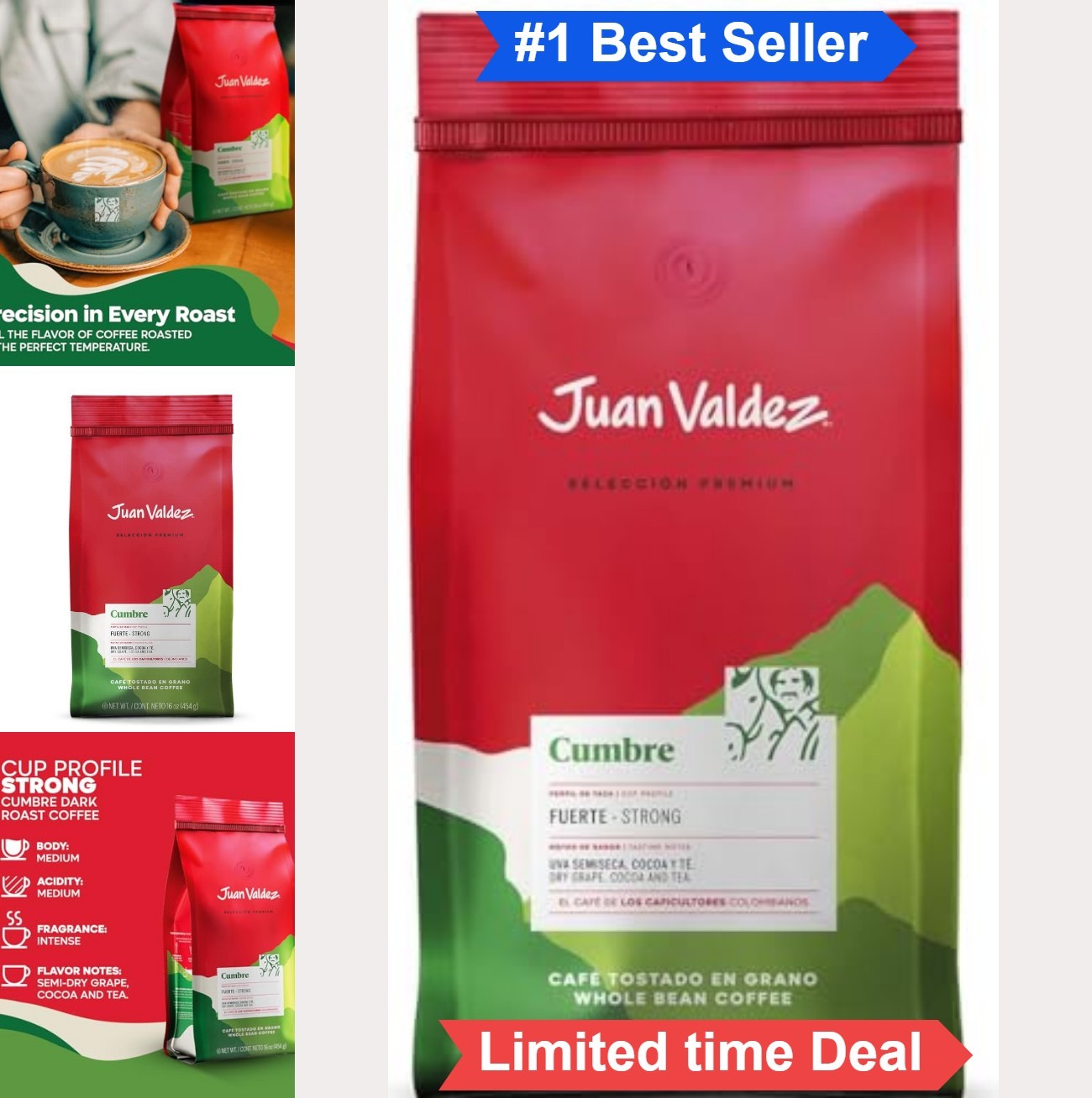 Whole Bean Coffee Dark Roast 100 Colombian 16 oz Bag Cumbre Dry Grape Cocoa Tea