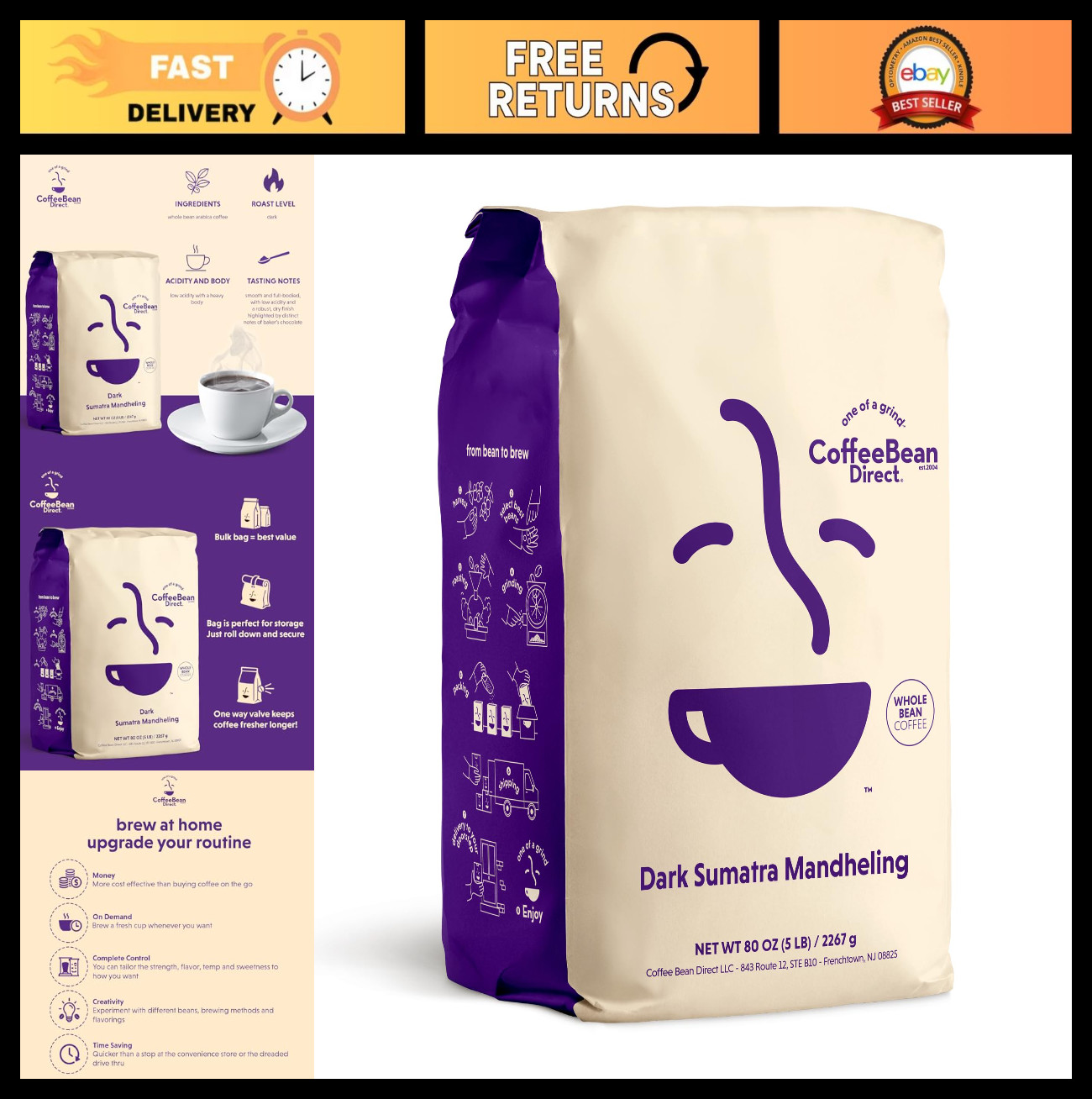 Dark Sumatra Mandheling Whole Bean Coffee – Arabica Dark Roast 5lb Bag
