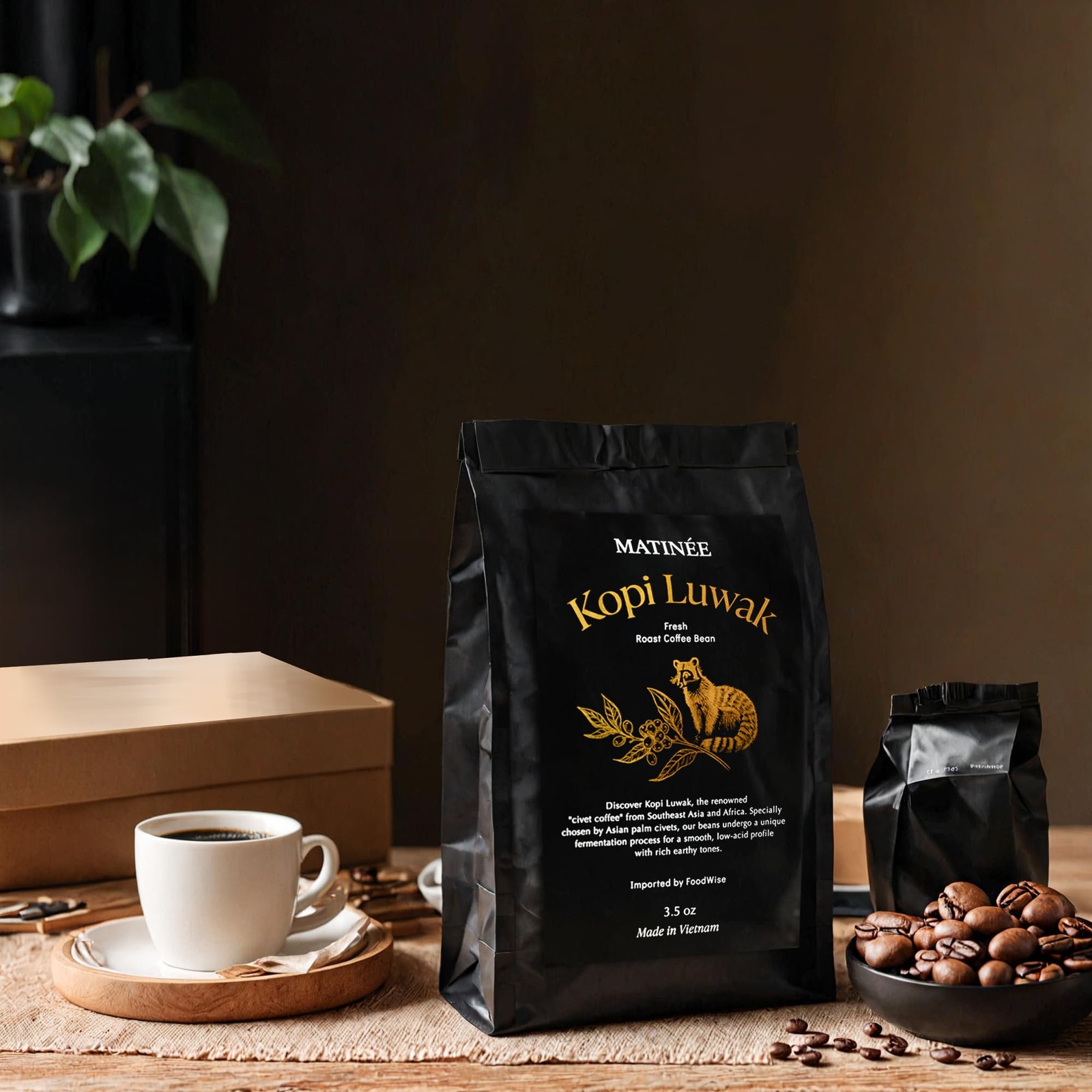 Sustainable Wild Kopi Luwak Coffee Beans, Medium Roast, 8.8oz / 250g