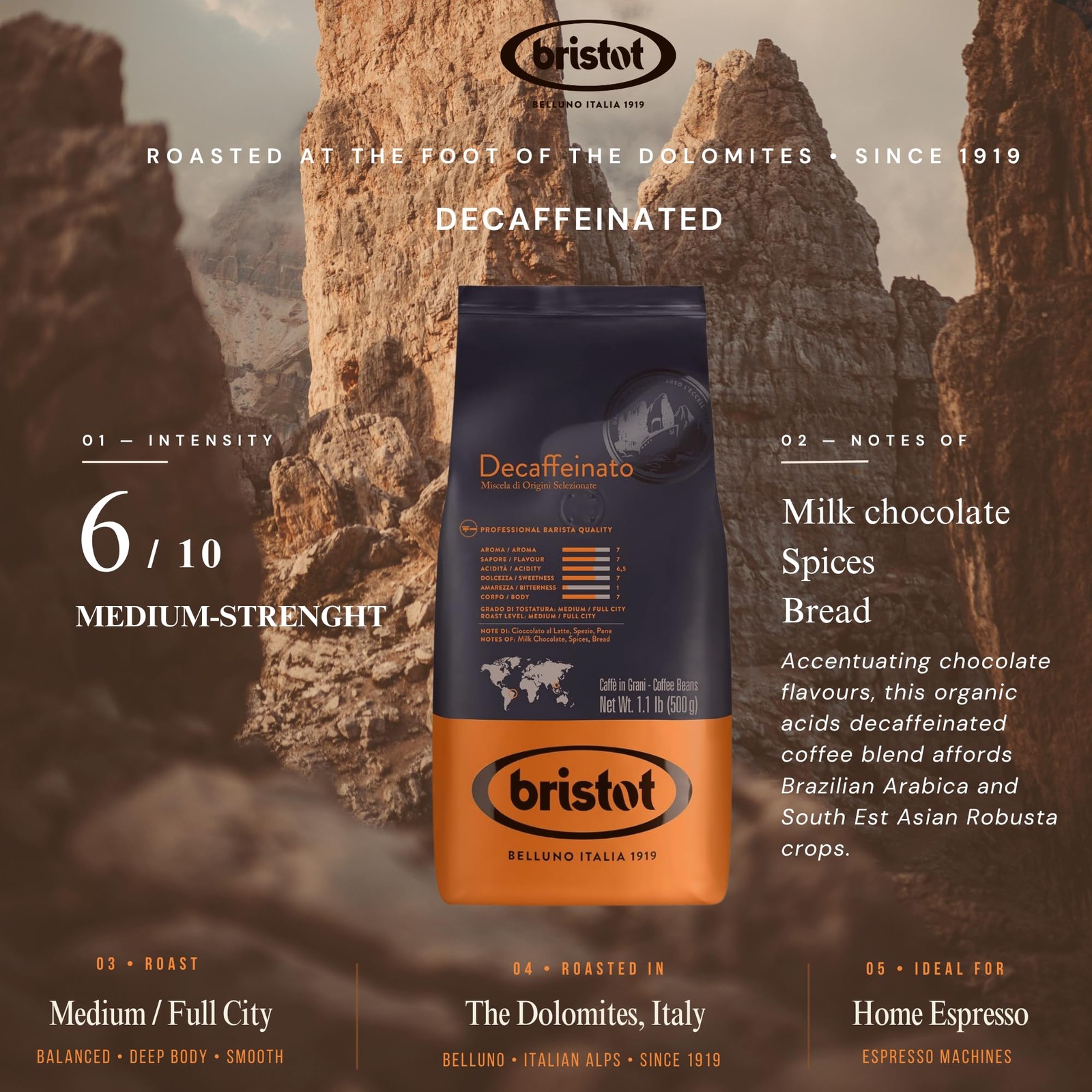 Decaf Italian Coffee Beans Medium Roast Whole Espresso Smooth 1.1 Lb 500g Bag