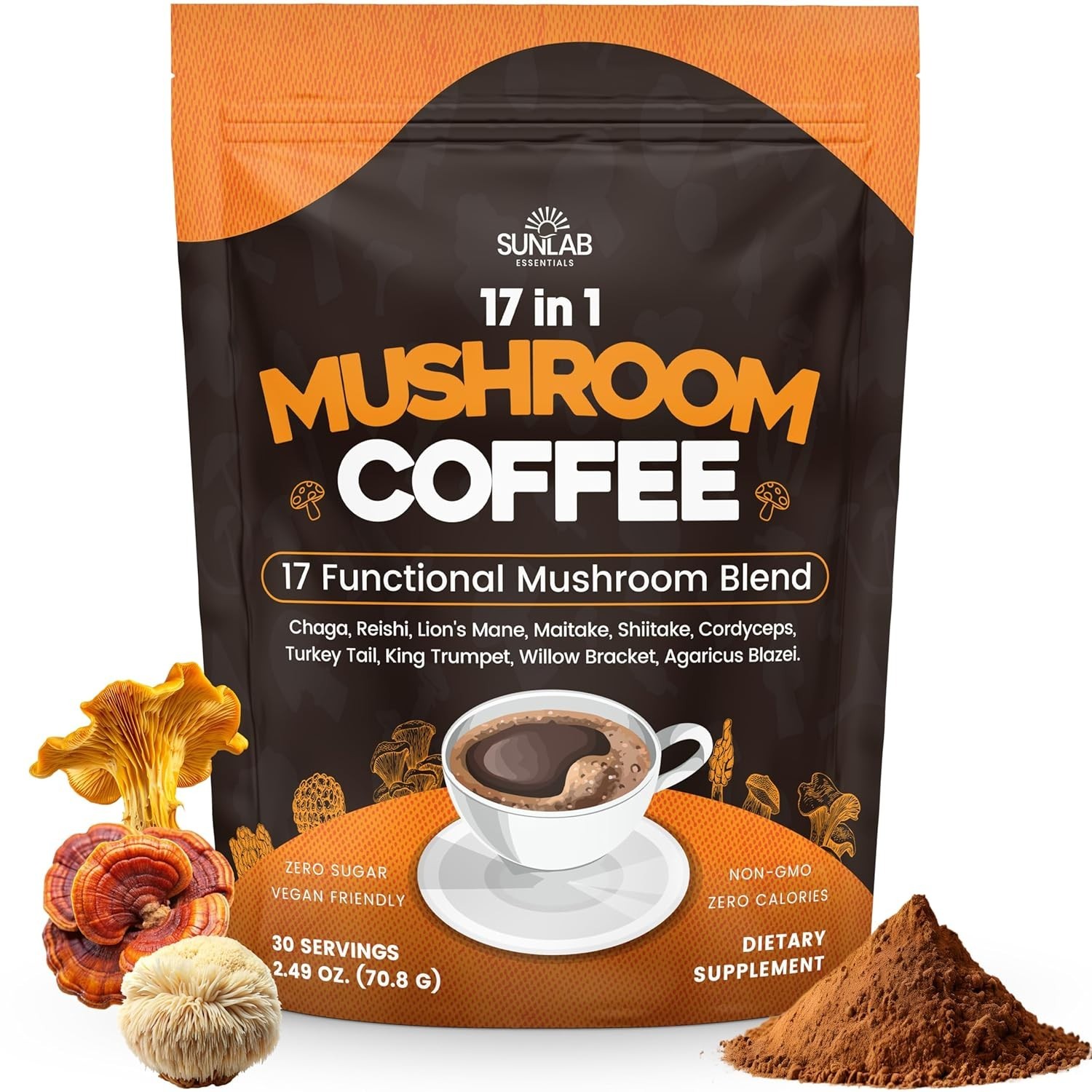 Organic Mushroom Coffee 17 Functional Mushroom Blend Instant Coffee 30 Servings