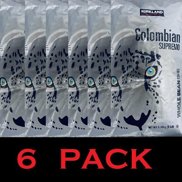 Kirkland Signature COLOMBIAN SUPREMO WHOLE BEAN Medium Roast Coffee 3 Lb 6 PACK
