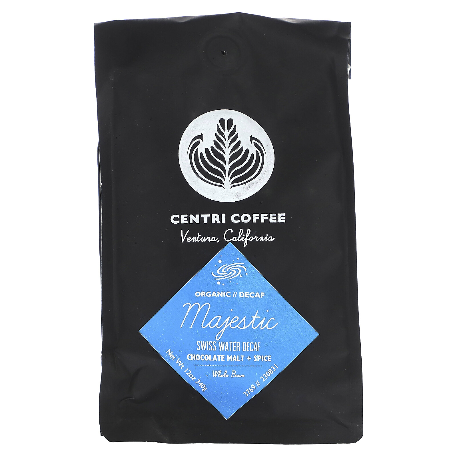 Centri Coffee, Organic Majestic, Chocolate Malt + Spice, Whole Bean, Decaf, 12