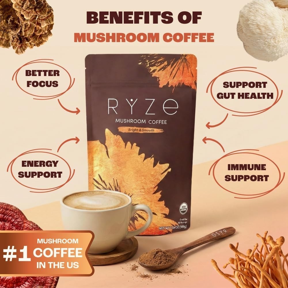 Adaptogenic Medium Roast Coffee with 6 Mushrooms for Energy & Immunity- 30 Pack