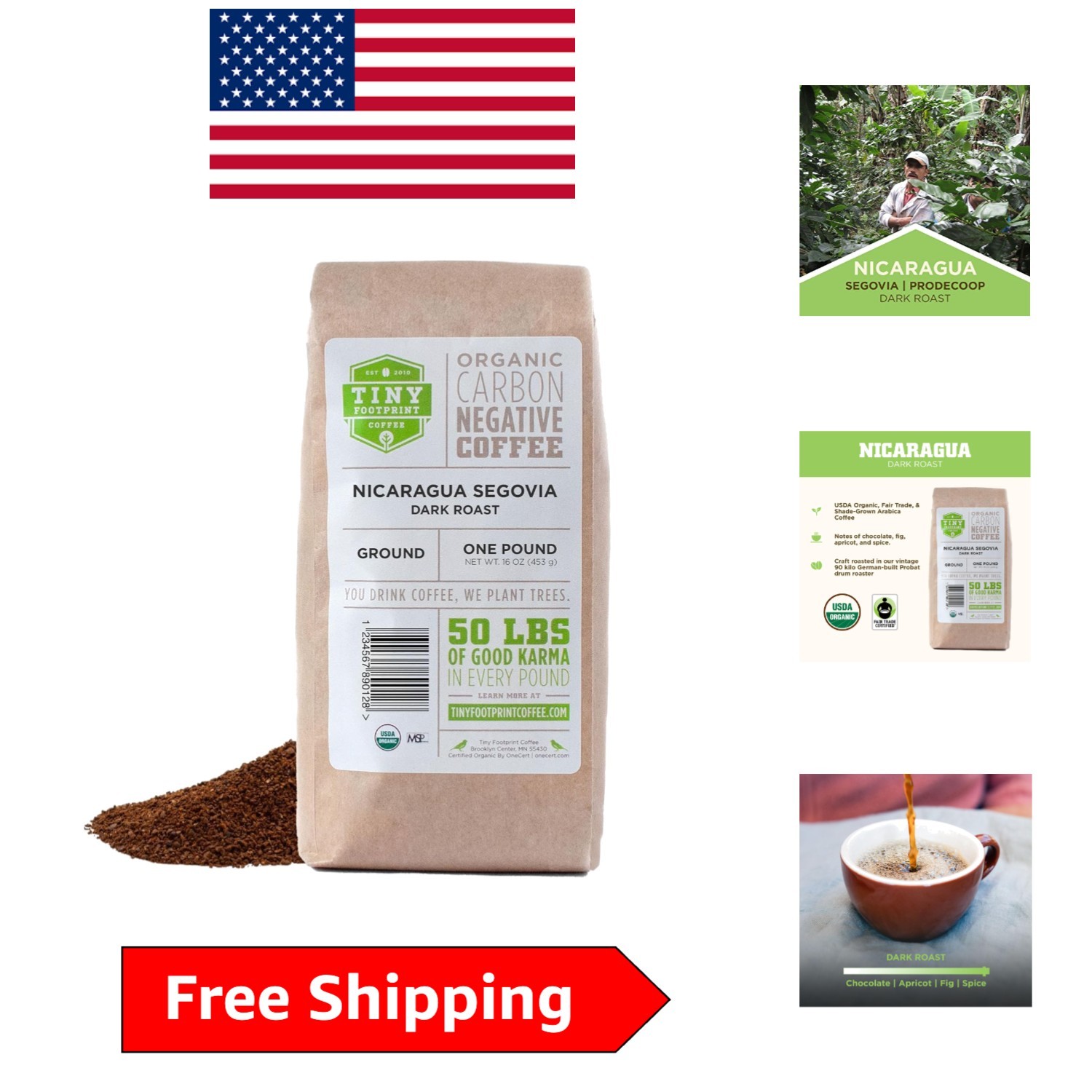 16 Oz Nicaragua Segovia Ground Organic Coffee, Dark Roast with Chocolate Notes