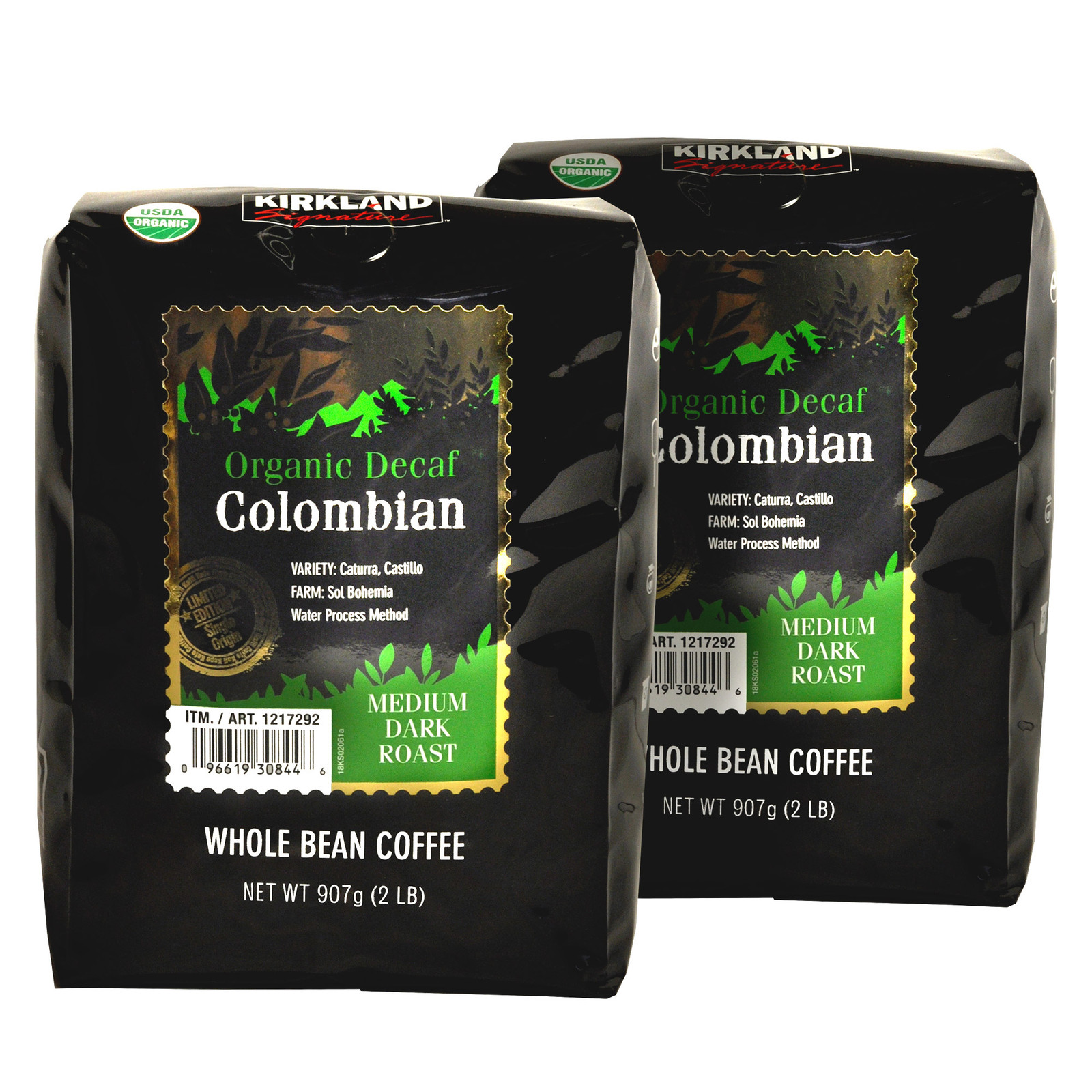 Kirkland Signature Organic Colombian Decaf Whole Bean Coffee, 2 Lbs, 2 PACK!