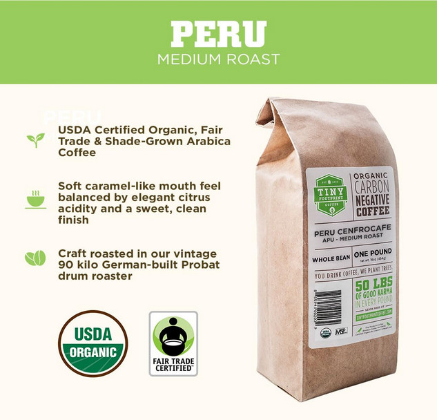 Tiny Footprint Peru Medium Roast Coffee Whole Bean Organic Fair Trade 16oz