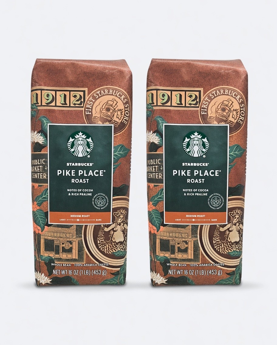 Starbucks Pike Place Roast Whole Bean Coffee 16oz (1lb) Pack of 2 – 32oz Total