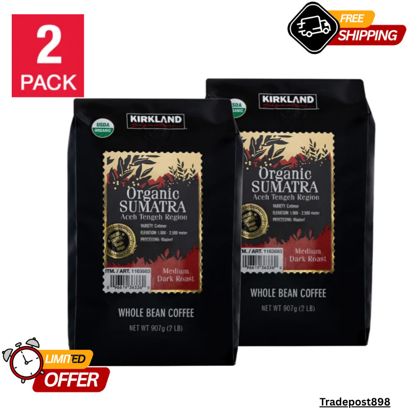 Kirkland Signature Organic Sumatra Whole Bean Coffee, 2 Lbs Per Bag, 2-Pack