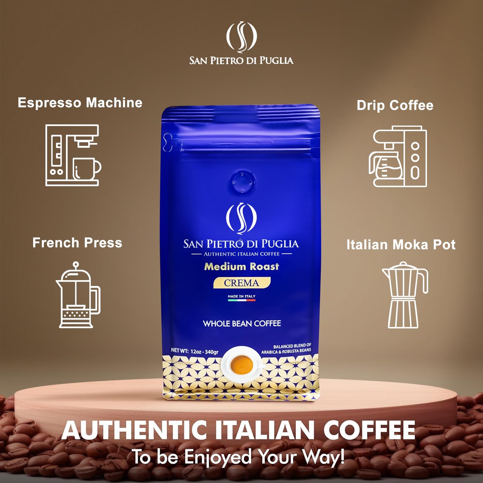 12oz Whole Bean Coffee Medium Roast Super Crema Arabica Robusta Blend Low Acid